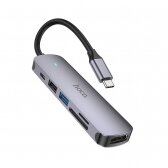 Adapteris Hoco HB28 Type-C Multi-Function Converter HDMI+USB3.0+USB2.0+SD+TF+PD pilkas