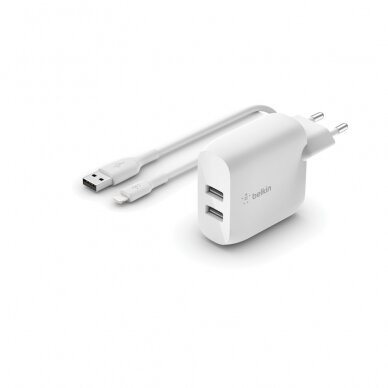 Įkroviklis buitinis Belkin Boost Charge Dual USB-A 24W + USB-A to Lightning kabelis baltas