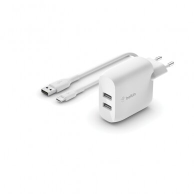 Įkroviklis buitinis Belkin Boost Charge Dual USB-A 24W + USB-A to USB-C kabelis baltas