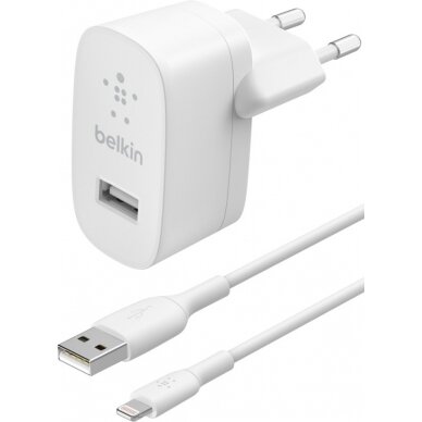 Įkroviklis buitinis Belkin Boost Charge USB-A 12W + Lightning kabelis baltas
