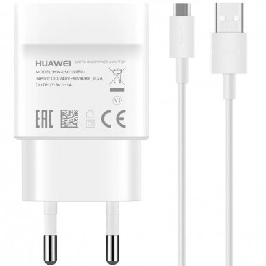 Įkroviklis originalus Huawei HW-050100E01 + kabelis MicroUSB 1m be pakuotės baltas