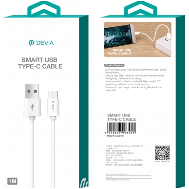 USB kabelis Devia Smart Type-C 1m baltas